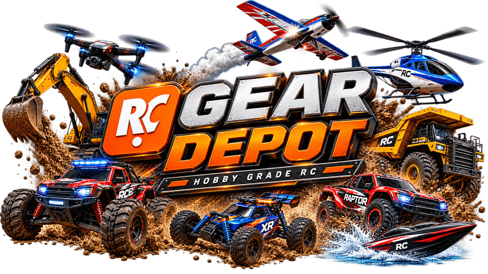 RC Gear Depot line-up — excavator, dump truck, monster trucks, buggy, speed boat, plane, helicopter and drone